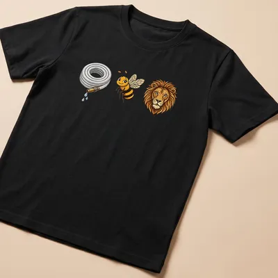 Cartoon design of a hose, bee, and lion in a humorous pun illustration