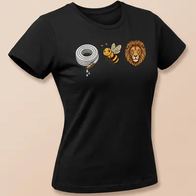 Cartoon design of a hose, bee, and lion in a humorous pun illustration — printed on a women's shirt