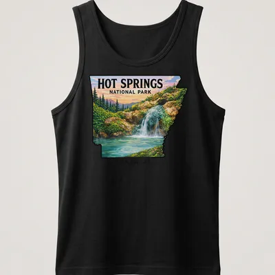 Waterfall landscape featuring Hot Springs National Park Arkansas text — printed on a tank top