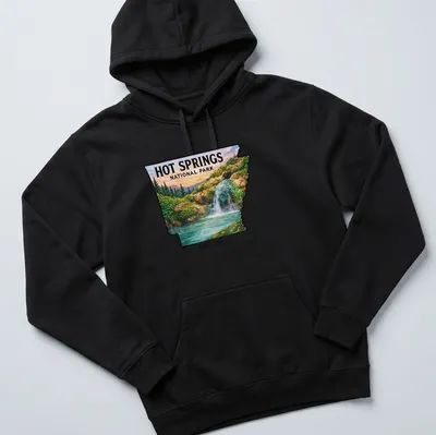 Waterfall landscape featuring Hot Springs National Park Arkansas text — printed on a unisex hoodie