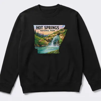 Waterfall landscape featuring Hot Springs National Park Arkansas text — printed on a unisex sweatshirt
