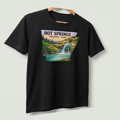 Waterfall landscape featuring Hot Springs National Park Arkansas text — printed on a unisex t-shirt (angled view)