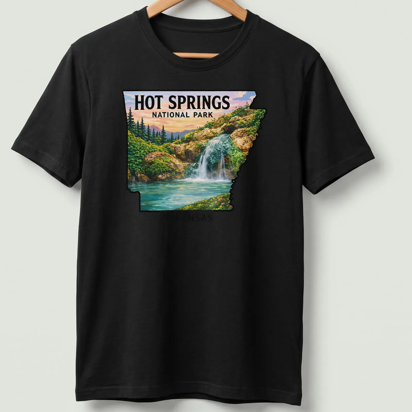 Waterfall landscape featuring Hot Springs National Park Arkansas text — printed on a unisex t-shirt