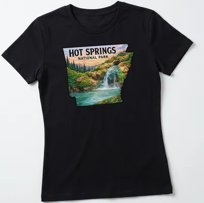 Waterfall landscape featuring Hot Springs National Park Arkansas text — printed on a women's shirt