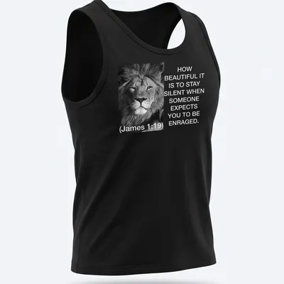 Black and white lion photo with text about silence and restraint — printed on a tank top