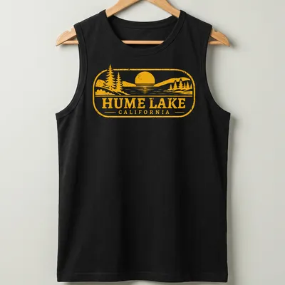 Vintage scene of Hume Lake with trees and sun in yellow and orange hues — printed on a tank top