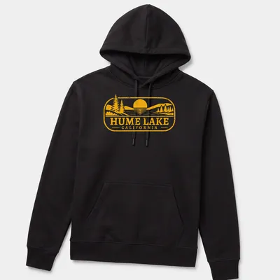 Vintage scene of Hume Lake with trees and sun in yellow and orange hues — printed on a unisex hoodie