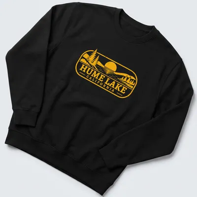 Vintage scene of Hume Lake with trees and sun in yellow and orange hues — printed on a unisex sweatshirt