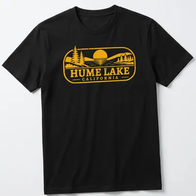 Vintage scene of Hume Lake with trees and sun in yellow and orange hues — printed on a unisex t-shirt