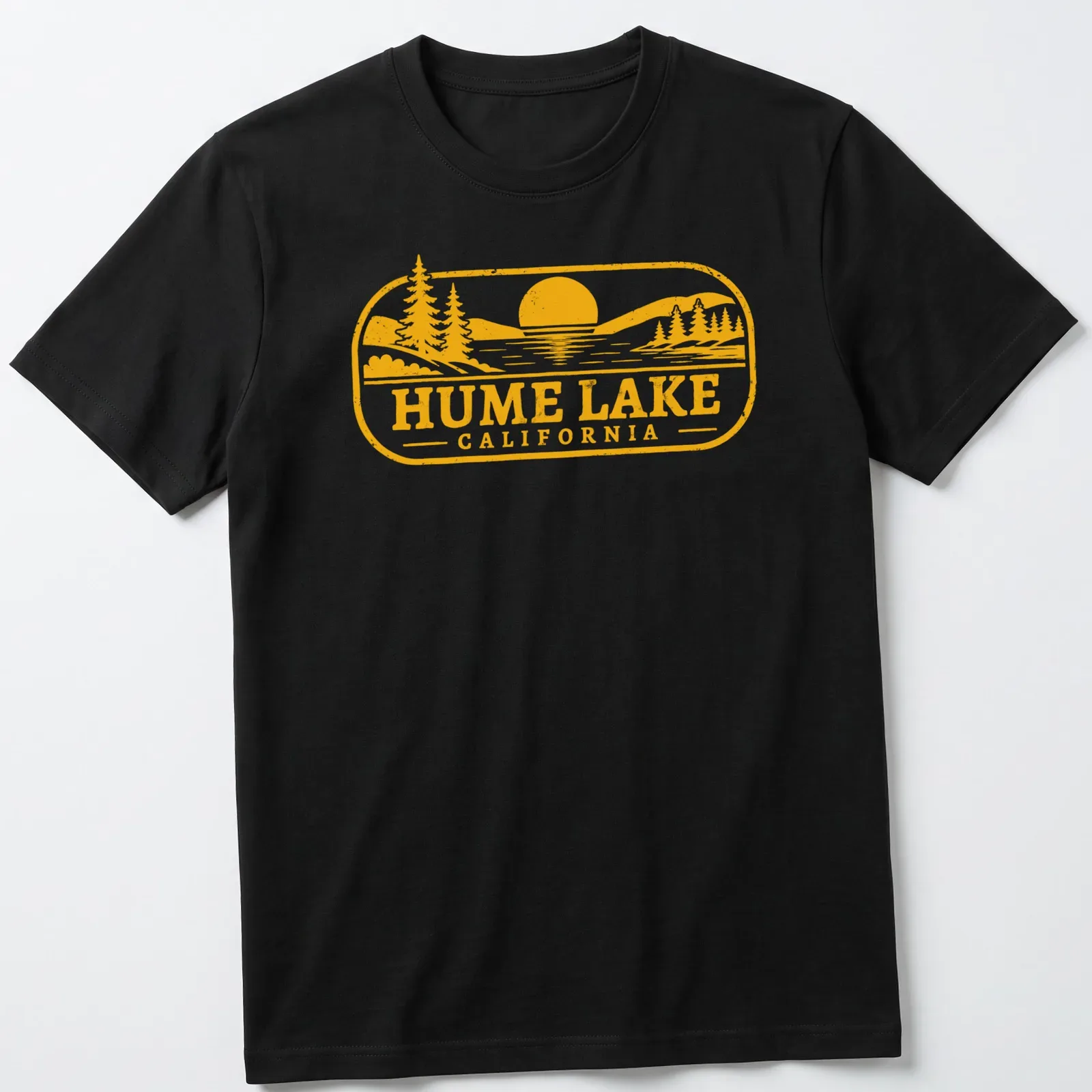 Vintage scene of Hume Lake with trees and sun in yellow and orange hues — printed on a unisex t-shirt