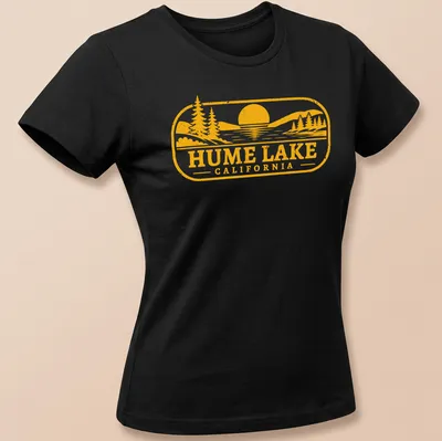 Vintage scene of Hume Lake with trees and sun in yellow and orange hues — printed on a women's shirt