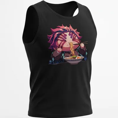 Kawaii print of Hungry Chibi Akaza happily eating ramen in vibrant colors — printed on a tank top