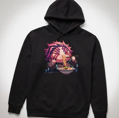 Kawaii print of Hungry Chibi Akaza happily eating ramen in vibrant colors — printed on a unisex hoodie