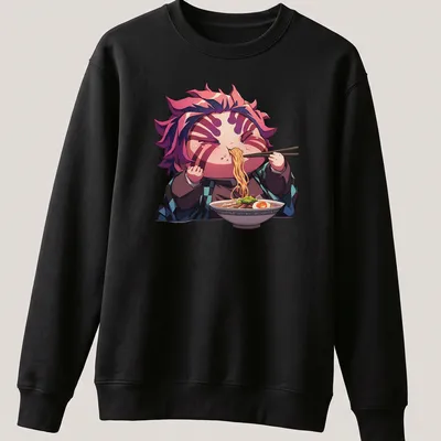 Kawaii print of Hungry Chibi Akaza happily eating ramen in vibrant colors — printed on a unisex sweatshirt