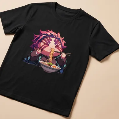 Kawaii print of Hungry Chibi Akaza happily eating ramen in vibrant colors