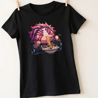 Kawaii print of Hungry Chibi Akaza happily eating ramen in vibrant colors — printed on a women's shirt