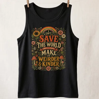 Colorful floral design with mushrooms and rainbow around whimsical text — printed on a tank top
