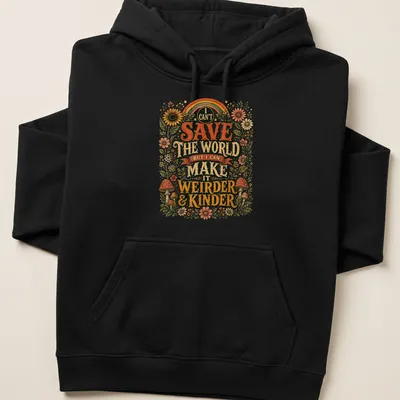 Colorful floral design with mushrooms and rainbow around whimsical text — printed on a unisex hoodie