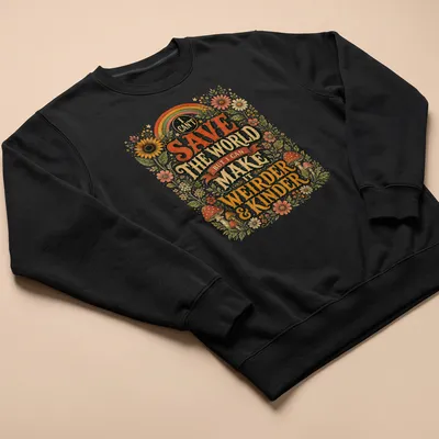Colorful floral design with mushrooms and rainbow around whimsical text — printed on a unisex sweatshirt