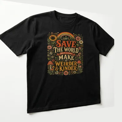 Colorful floral design with mushrooms and rainbow around whimsical text — printed on a unisex t-shirt (angled view)