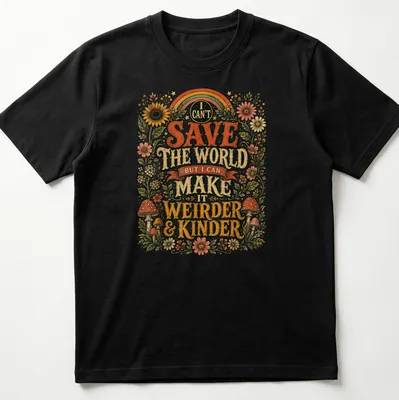 Colorful floral design with mushrooms and rainbow around whimsical text — printed on a unisex t-shirt