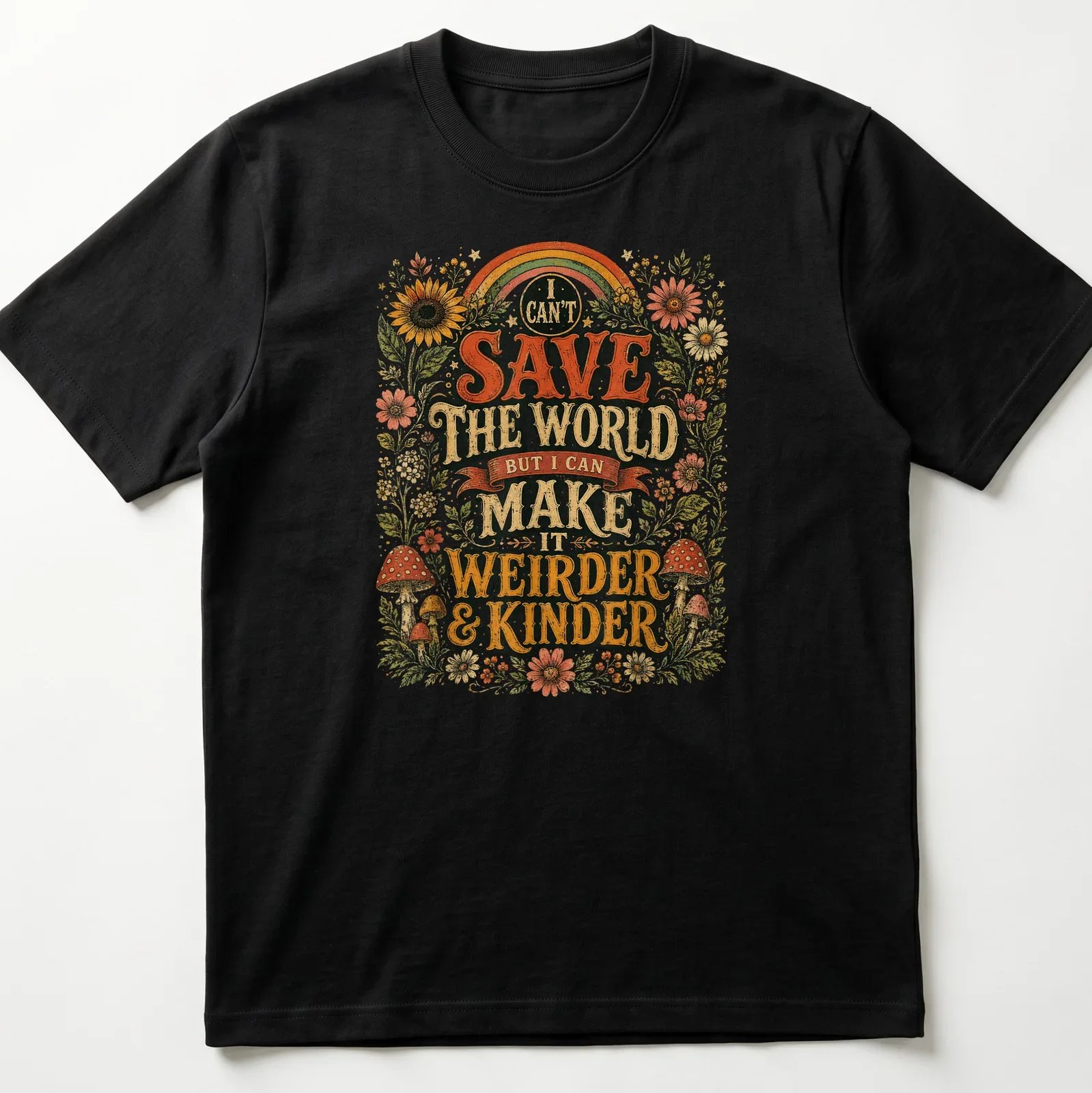 Colorful floral design with mushrooms and rainbow around whimsical text — printed on a unisex t-shirt