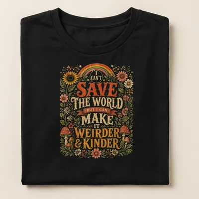 Colorful floral design with mushrooms and rainbow around whimsical text — printed on a women's shirt