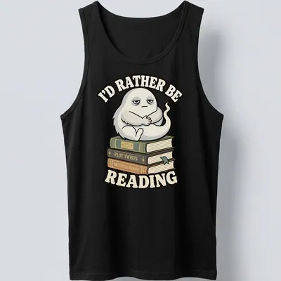 Cartoonish ghost wrapped around books with text 'I'd rather be reading' — printed on a tank top