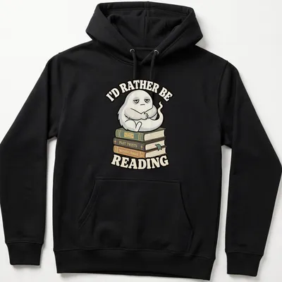 Cartoonish ghost wrapped around books with text 'I'd rather be reading' — printed on a unisex hoodie