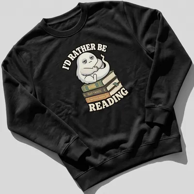 Cartoonish ghost wrapped around books with text 'I'd rather be reading' — printed on a unisex sweatshirt