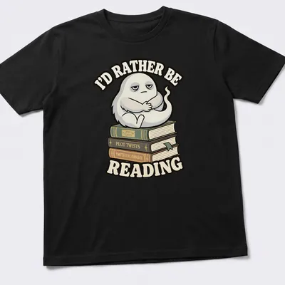 Cartoonish ghost wrapped around books with text 'I'd rather be reading' — printed on a unisex t-shirt