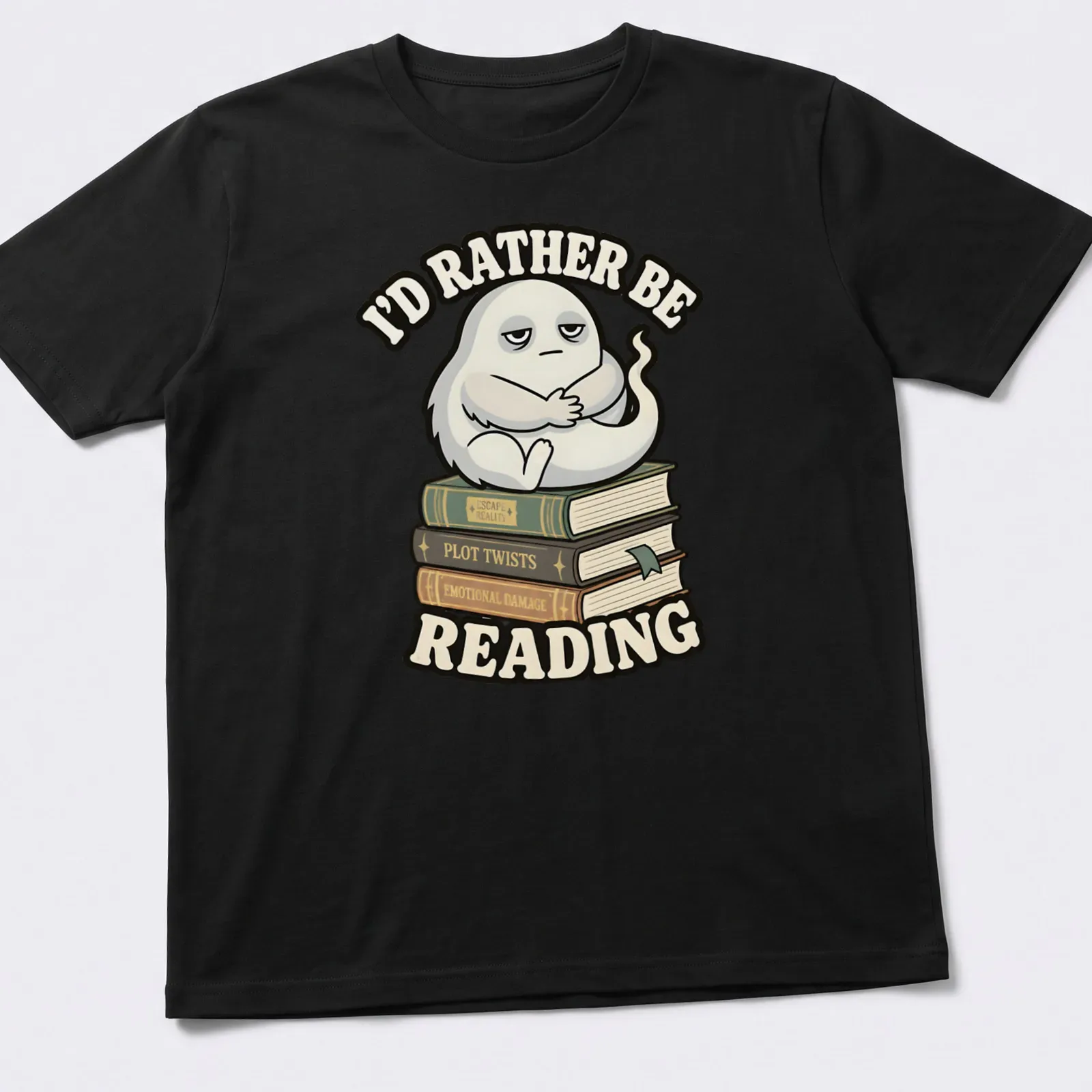 Cartoonish ghost wrapped around books with text 'I'd rather be reading' — printed on a unisex t-shirt