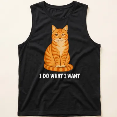 Cartoon of an orange tabby cat with text saying 'I DO WHAT I WANT' in colorful letters — printed on a tank top