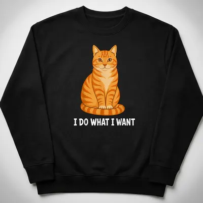 Cartoon of an orange tabby cat with text saying 'I DO WHAT I WANT' in colorful letters — printed on a unisex sweatshirt