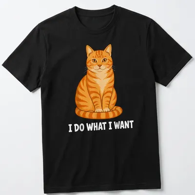Cartoon of an orange tabby cat with text saying 'I DO WHAT I WANT' in colorful letters — printed on a unisex t-shirt