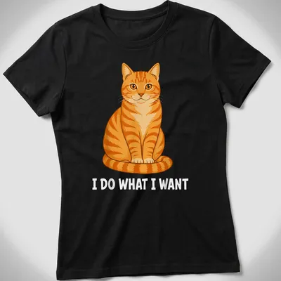 Cartoon of an orange tabby cat with text saying 'I DO WHAT I WANT' in colorful letters — printed on a women's shirt
