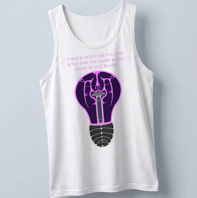 Illustration of a light bulb with motivational text in purple, black, pink, and white — printed on a tank top