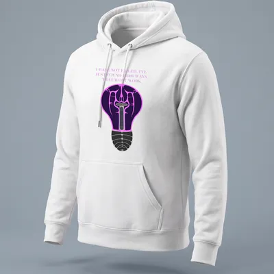 Illustration of a light bulb with motivational text in purple, black, pink, and white — printed on a unisex hoodie