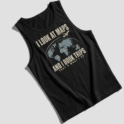 Vintage travel globe and airplane design with text about travel plans — printed on a tank top