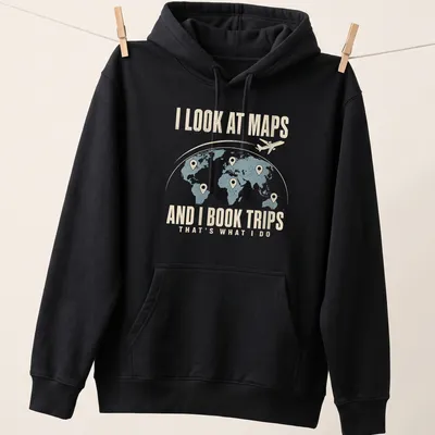 Vintage travel globe and airplane design with text about travel plans — printed on a unisex hoodie