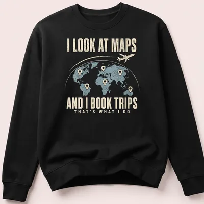 Vintage travel globe and airplane design with text about travel plans — printed on a unisex sweatshirt