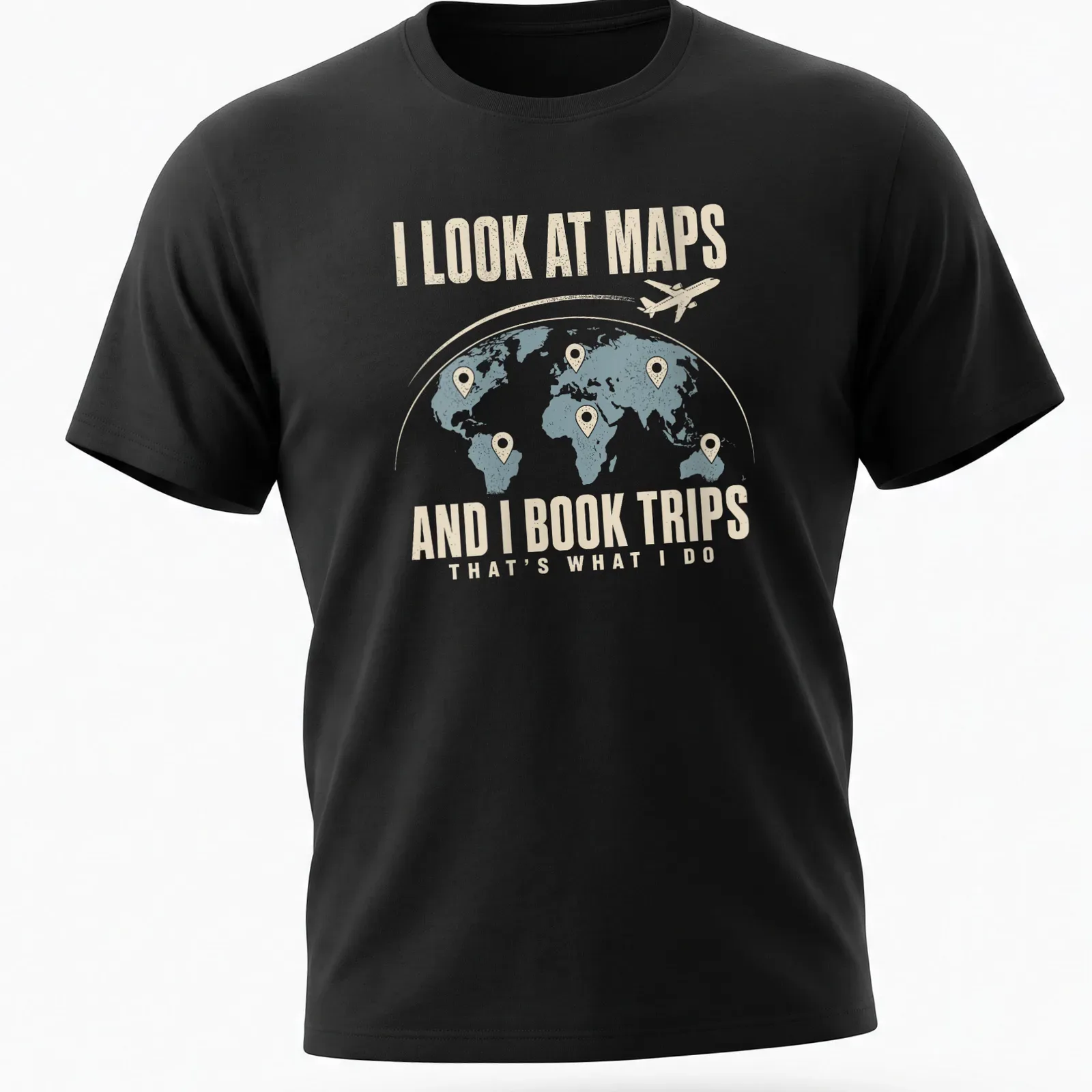 Vintage travel globe and airplane design with text about travel plans — printed on a unisex t-shirt