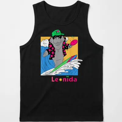 Cartoon manatee surfing with colorful waves under the text I ❤️ VACATION Leonida — printed on a tank top