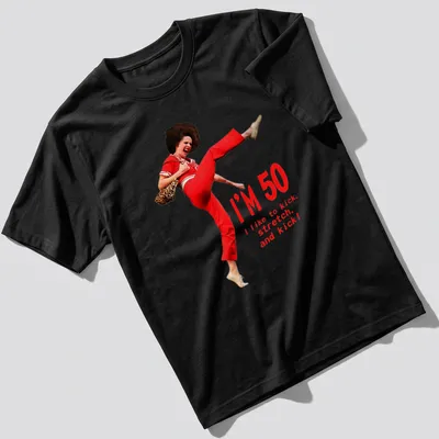 Funny 50th birthday T-shirt featuring a character kicking with humorous text — printed on a unisex t-shirt