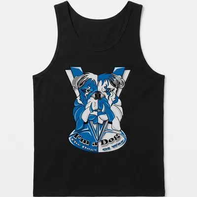 Cartoon bulldog graphic with the text I'm a Dog The Dogs of War in bold colors — printed on a tank top