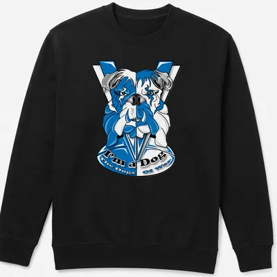 Cartoon bulldog graphic with the text I'm a Dog The Dogs of War in bold colors — printed on a unisex sweatshirt