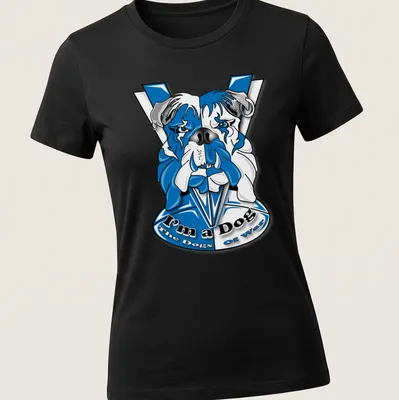 Cartoon bulldog graphic with the text I'm a Dog The Dogs of War in bold colors — printed on a women's shirt