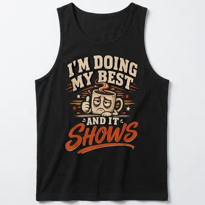 Retro t-shirt featuring a cheerful coffee mug and uplifting text about effort. — printed on a tank top