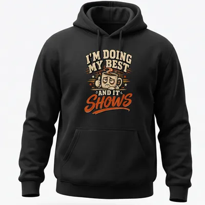 Retro t-shirt featuring a cheerful coffee mug and uplifting text about effort. — printed on a unisex hoodie