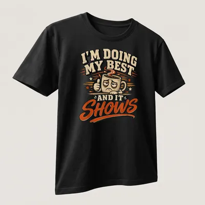 Retro t-shirt featuring a cheerful coffee mug and uplifting text about effort. — printed on a unisex t-shirt (angled view)